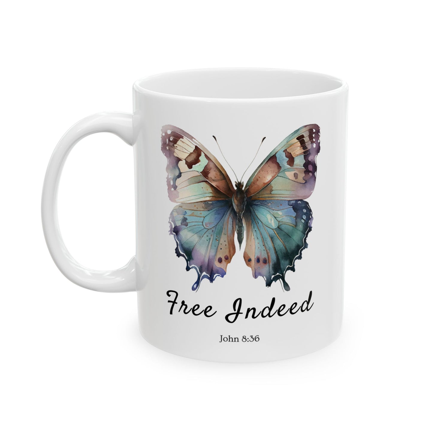 Christian Accent Coffee Mug (11 or 15oz, white) with the 'Free Indeed' scripture (John 8:36) - White, Style 1