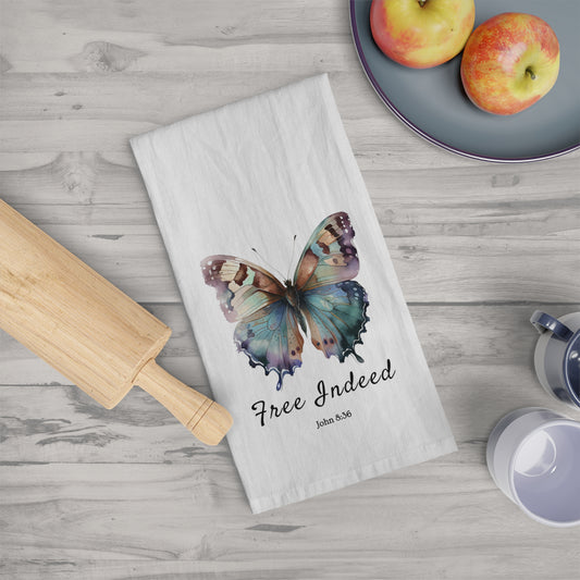 Inspirational Butterfly "Free Indeed" Tea Towel (Style 2) – Beautiful Kitchen Decor with Scripture by Northwest Haven's Harvest