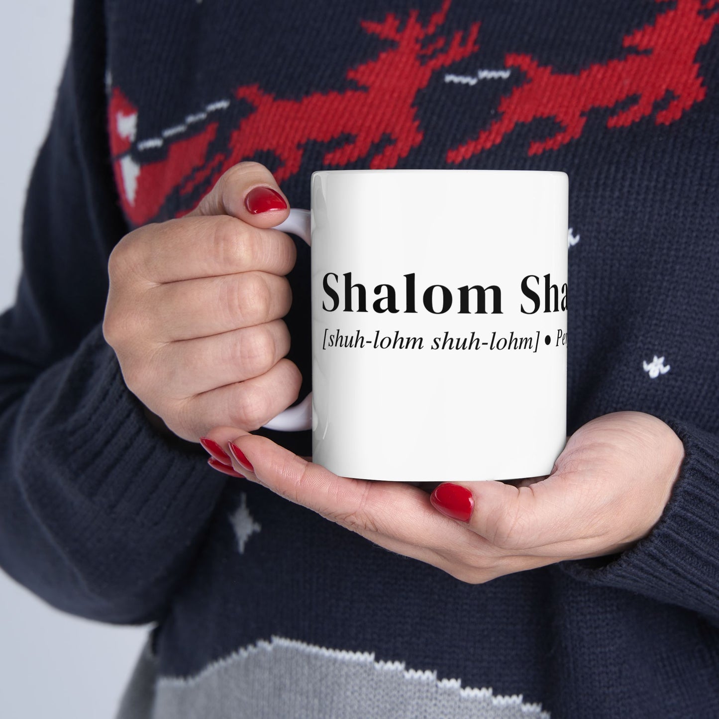 Christian Accent Coffee Mug (11 or 15oz, white) with the 'Shalom Shalom - Perfect Peace" definition