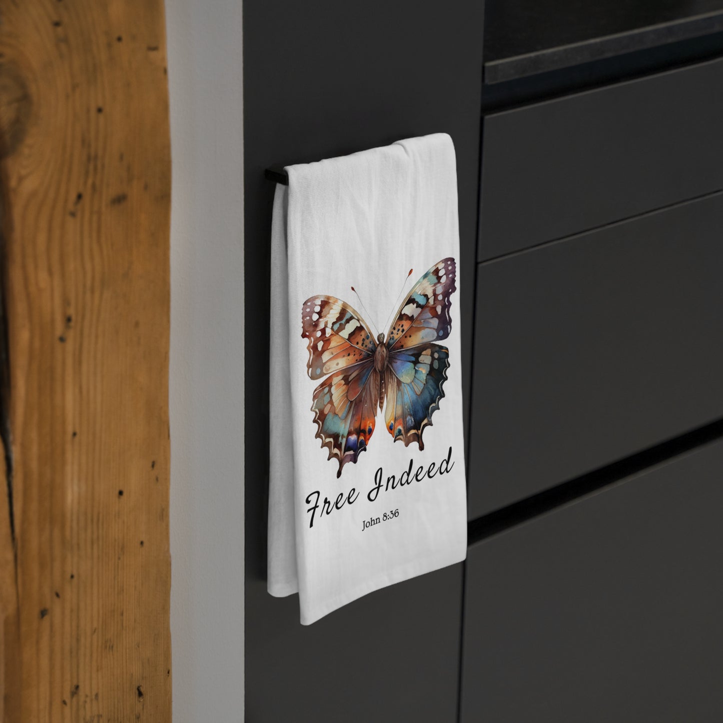 Inspirational Butterfly "Free Indeed" Tea Towel (Style 1) – Beautiful Kitchen Decor with Scripture by Northwest Haven's Harvest
