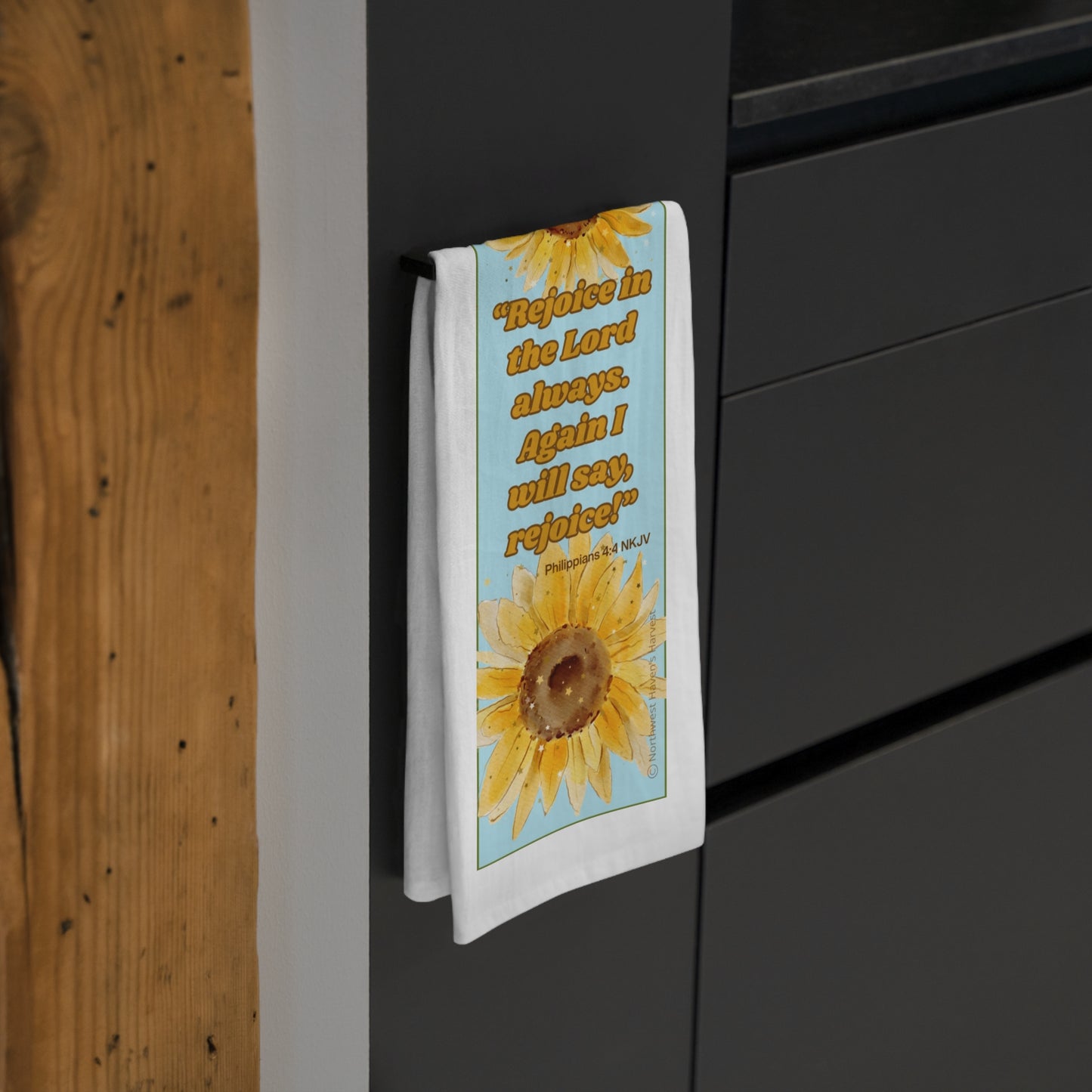 Inspirational Sunflower Tea Towel – Joyful Kitchen Decor with Scripture by Northwest Haven's Harvest