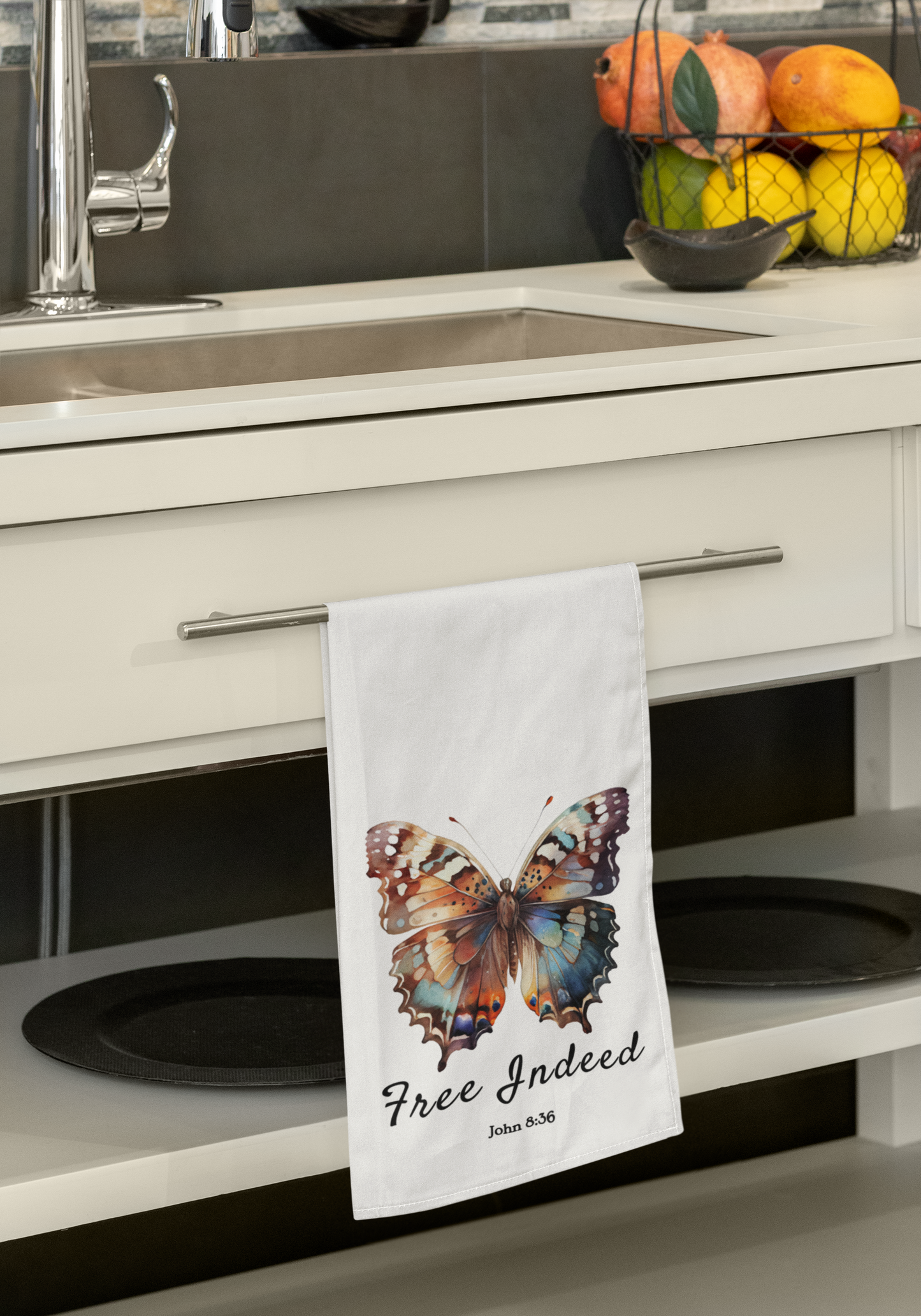 Inspirational Butterfly "Free Indeed" Tea Towel (Style 1) – Beautiful Kitchen Decor with Scripture by Northwest Haven's Harvest