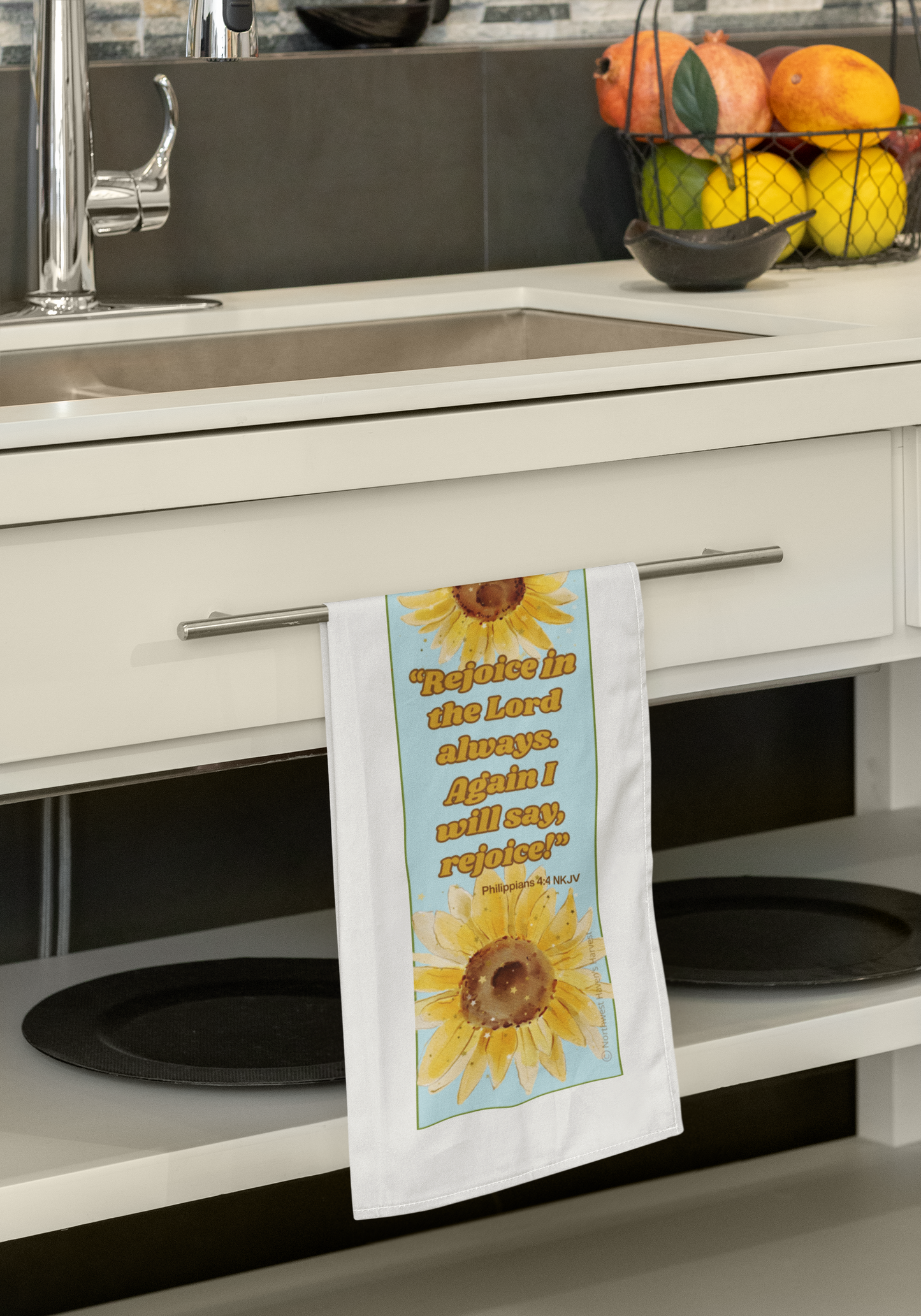 Inspirational Sunflower Tea Towel – Joyful Kitchen Decor with Scripture by Northwest Haven's Harvest