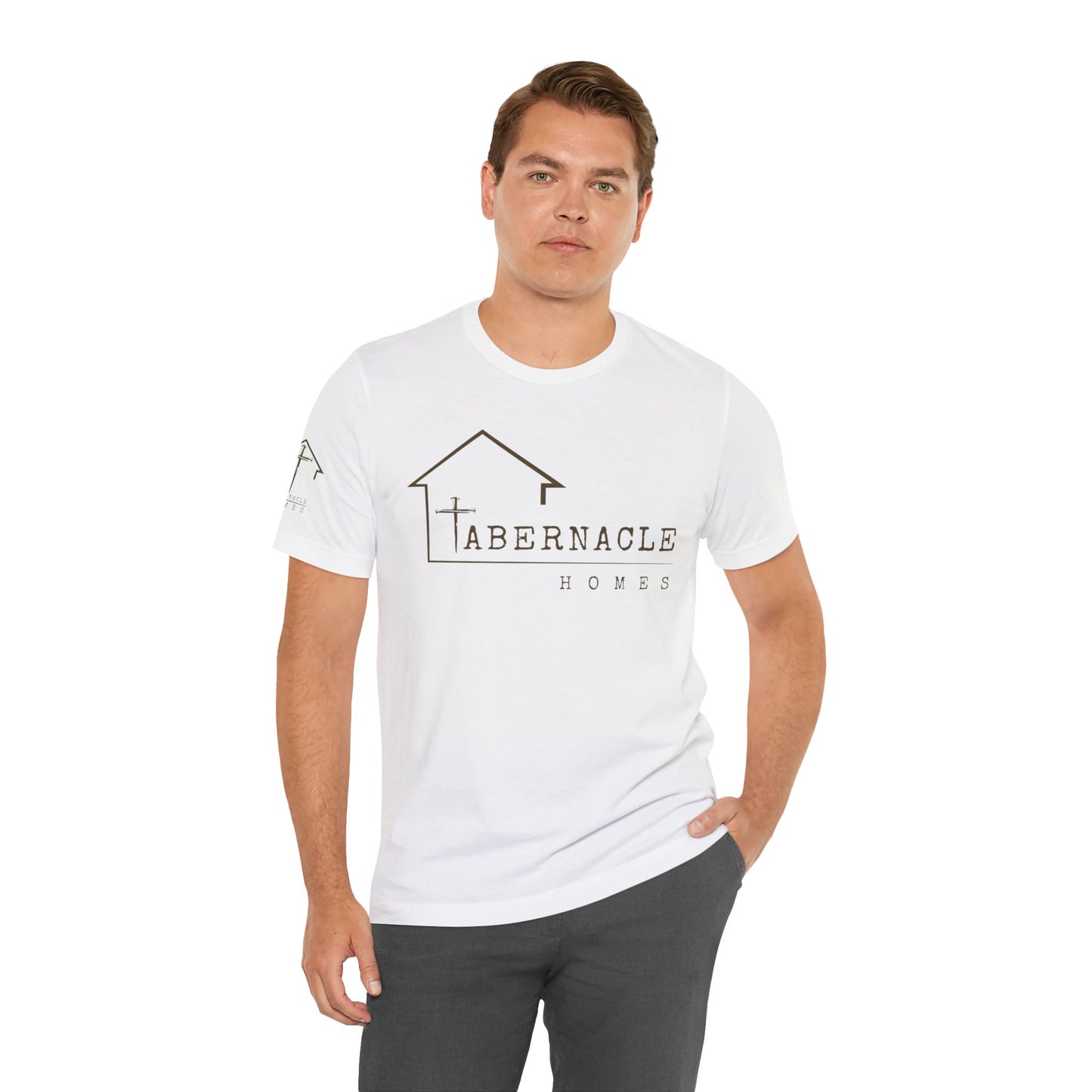 Modern Tee, Custom branded for your Company - Tabernacle Homes on front & sleeve