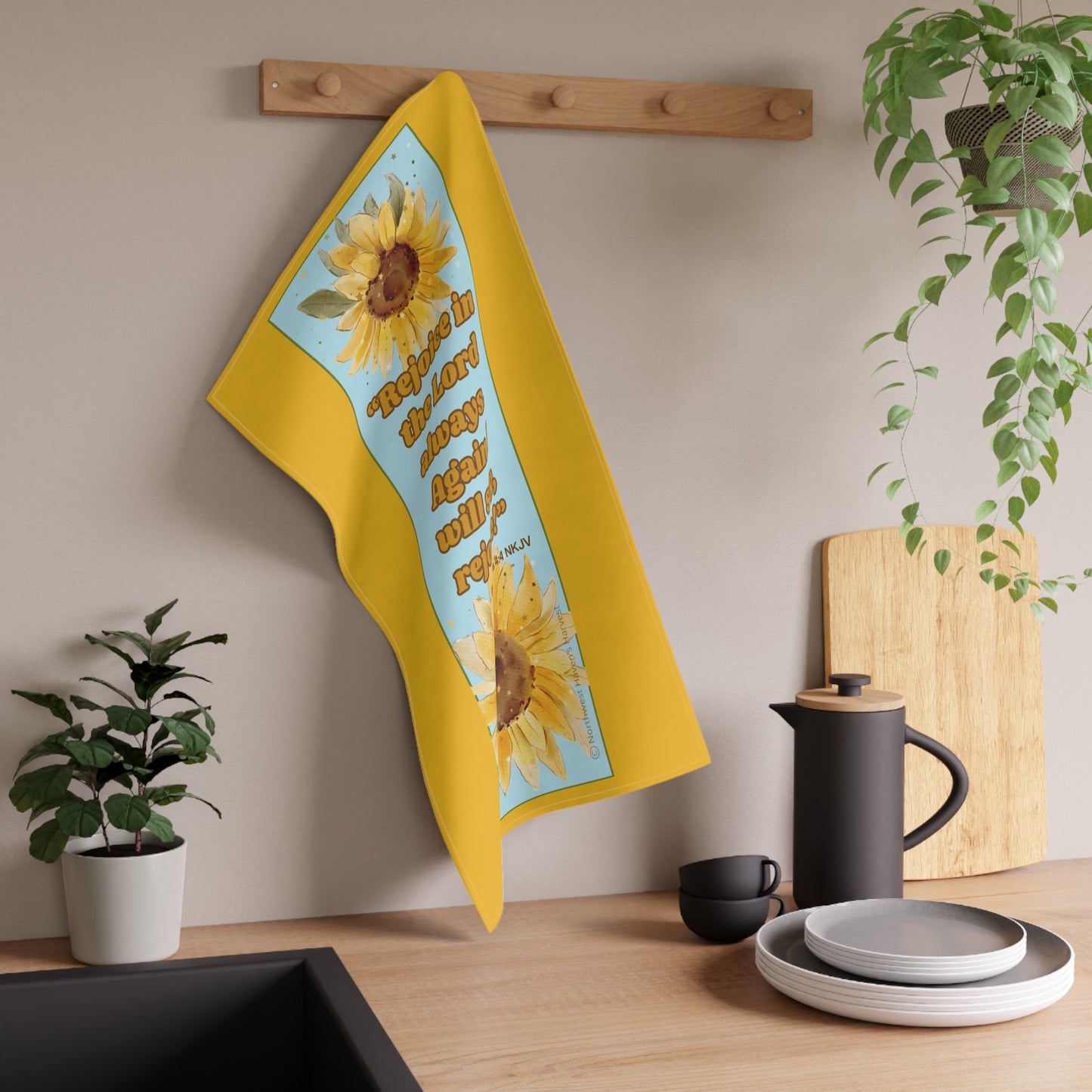 Inspirational Sunflower Tea Towels 18" x 30" with Philippians 4:4 scripture – Joyful Kitchen Decor by Northwest Haven's Harvest