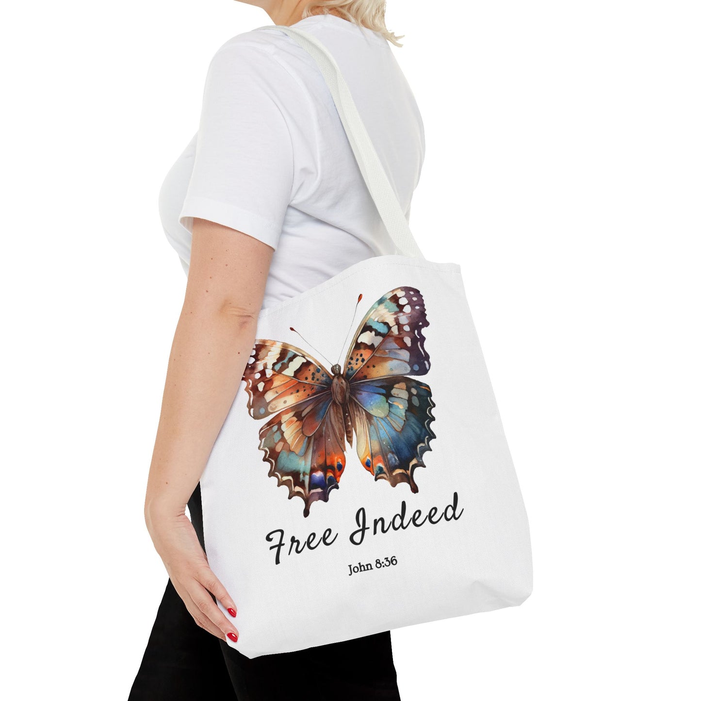 "Free Indeed Butterfly Tote Bag | Celebrate Faith and Freedom | Inspired by John 8:36" Design by Northwest Haven's Harvest"