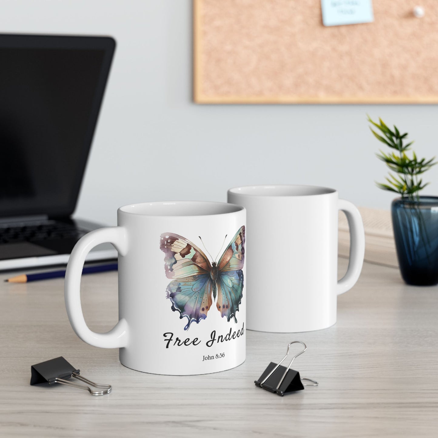 Christian Accent Coffee Mug (11 or 15oz, white) with the 'Free Indeed' scripture (John 8:36) - White, Style 1