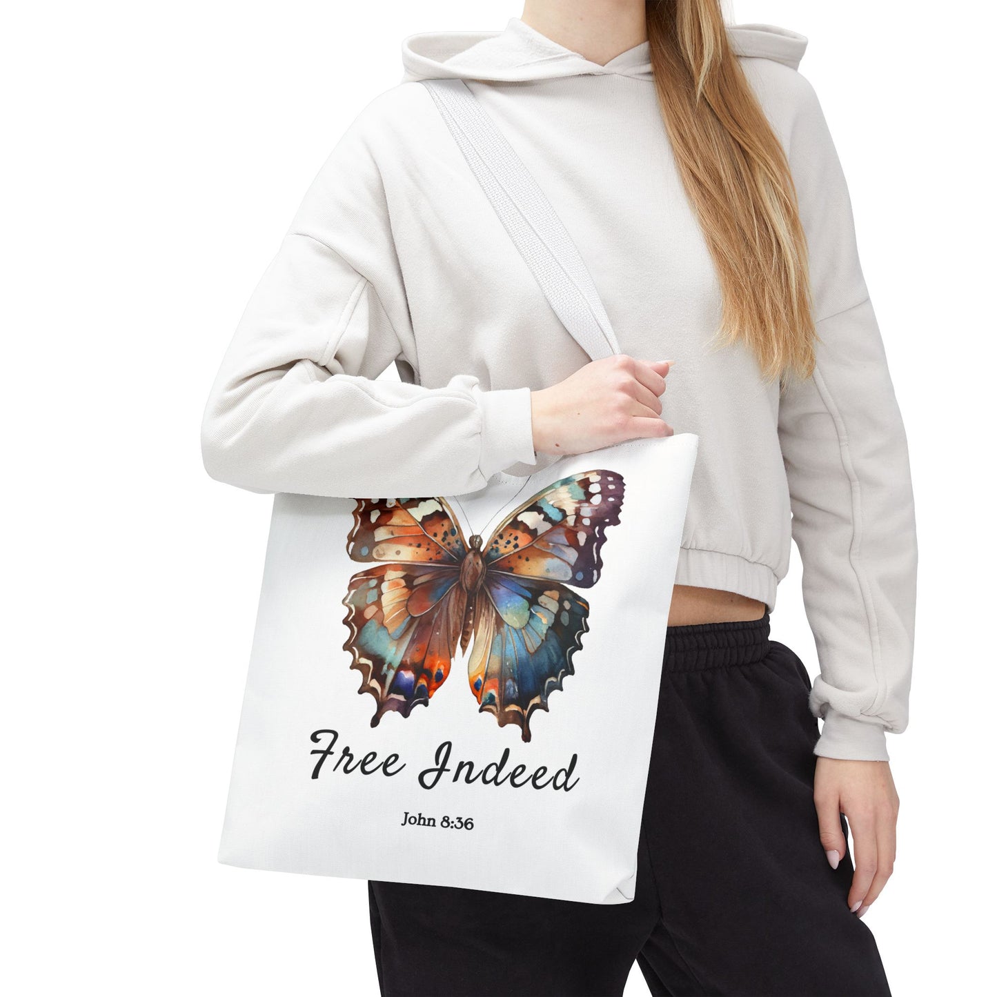 "Free Indeed Butterfly Tote Bag | Celebrate Faith and Freedom | Inspired by John 8:36" Design by Northwest Haven's Harvest"