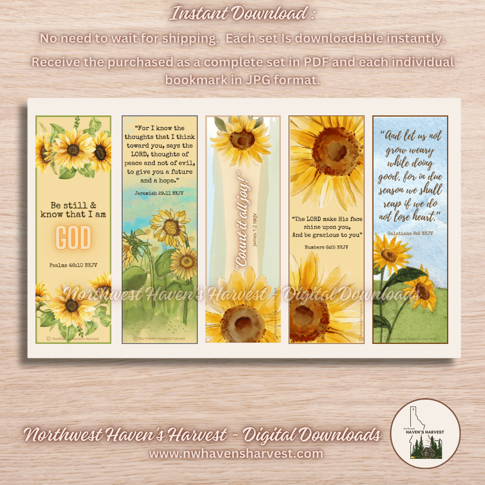 Digital Download: Christian Sunflower Bookmarks with Scriptures (Set 2)