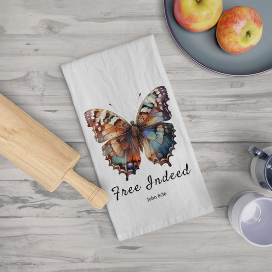 Inspirational Butterfly "Free Indeed" Tea Towel (Style 1) – Beautiful Kitchen Decor with Scripture by Northwest Haven's Harvest
