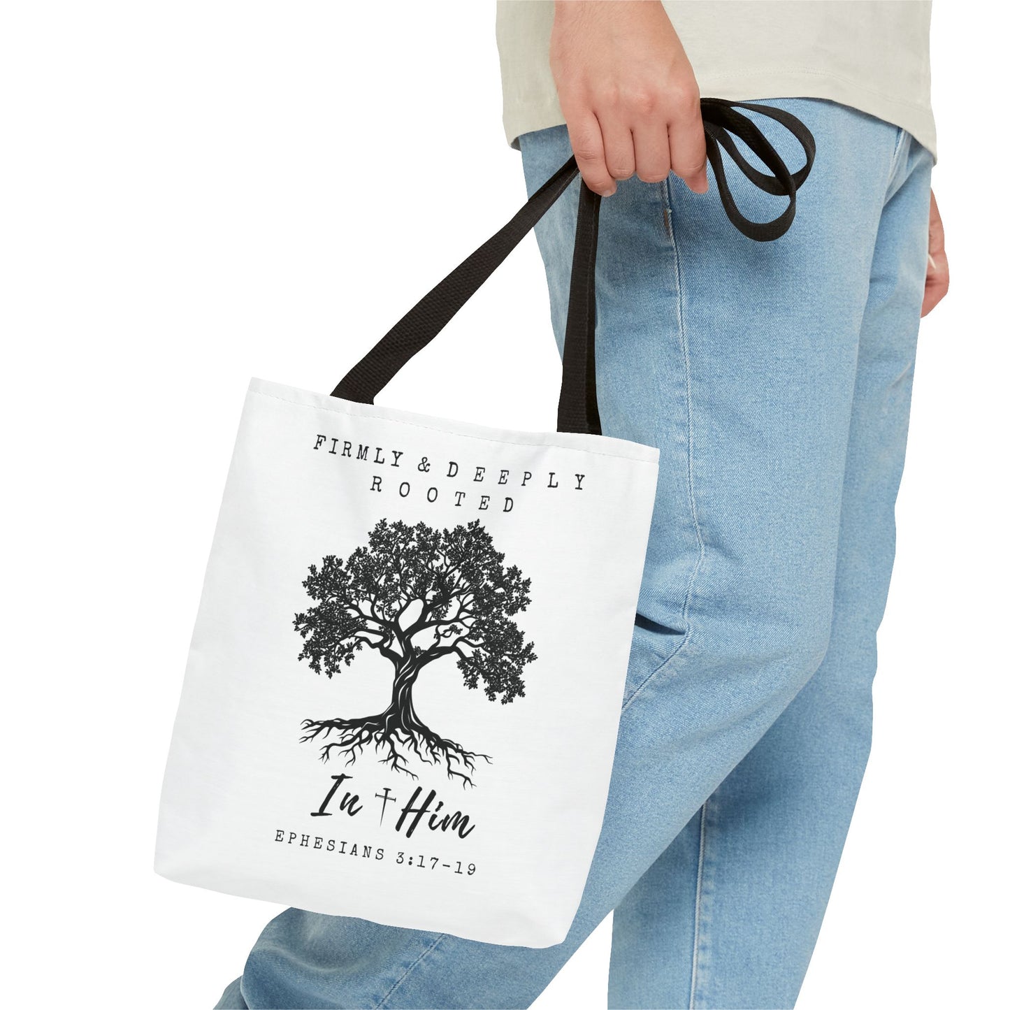 Christian Inspirational Tote Bag - Firmly & Deeply Rooted in Him (Ephesians 3:17-19) Express Delivery available