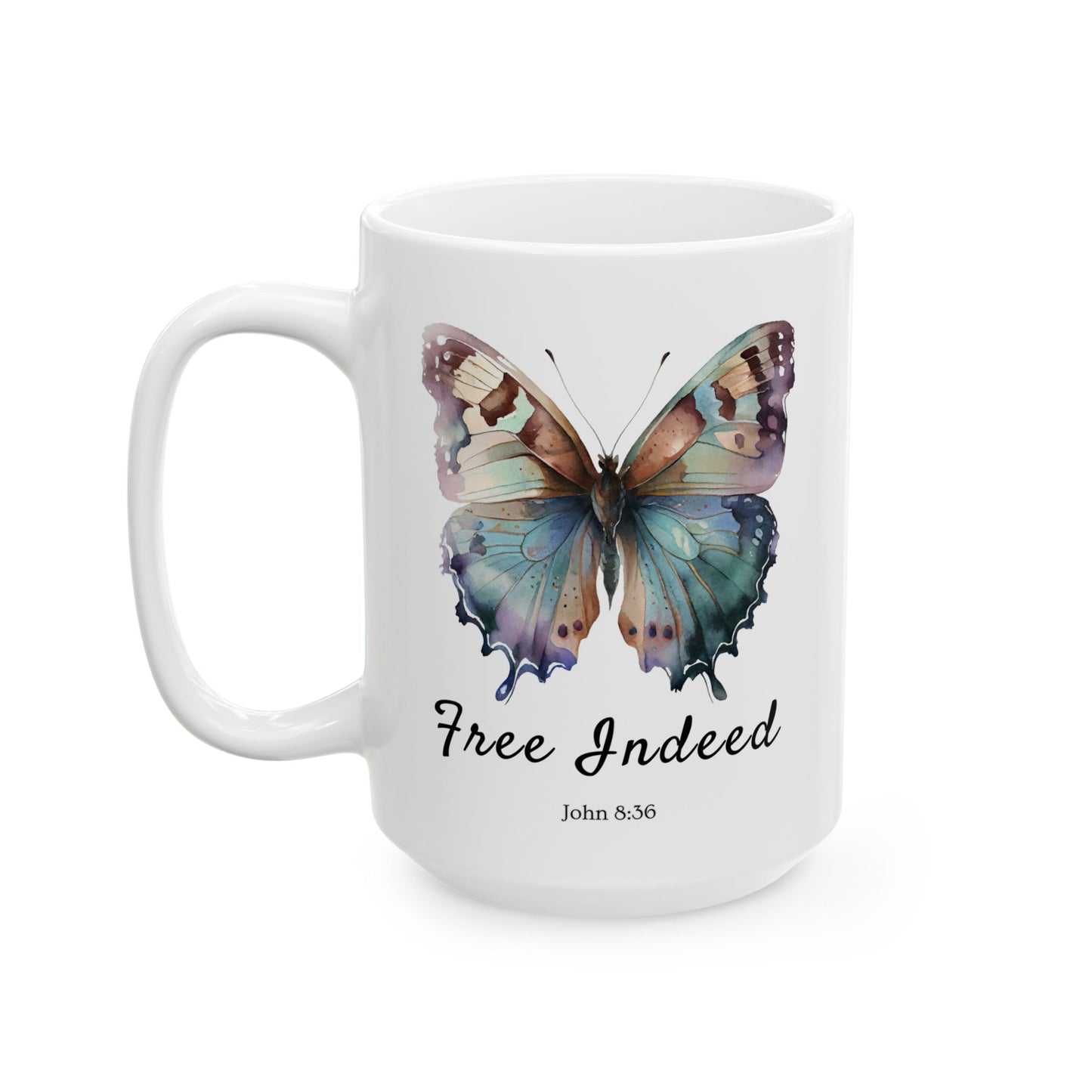 Christian Accent Coffee Mug (11 or 15oz, white) with the 'Free Indeed' scripture (John 8:36) - White, Style 1