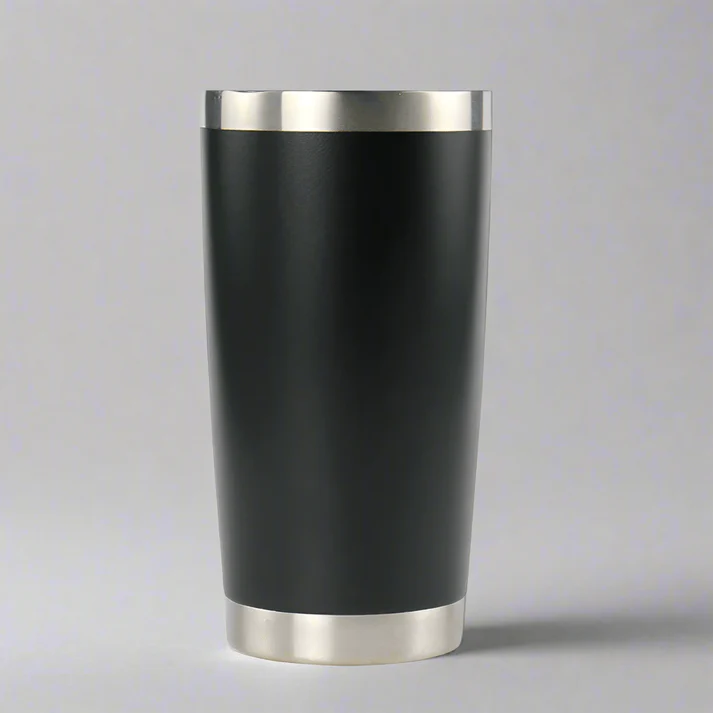 20 oz Black Travel Coffee Tumbler Mug with Silver rim on top and bottom