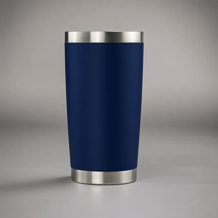 20 oz Navy Blue Travel Coffee Tumbler Mug with Silver rim on top and bottom