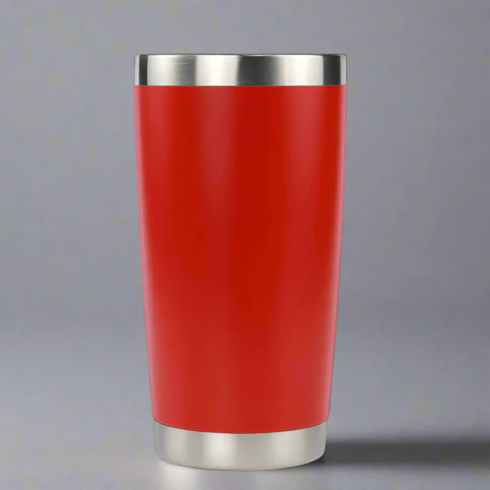 20 oz Red Travel Coffee Tumbler Mug with Silver rim on top and bottom