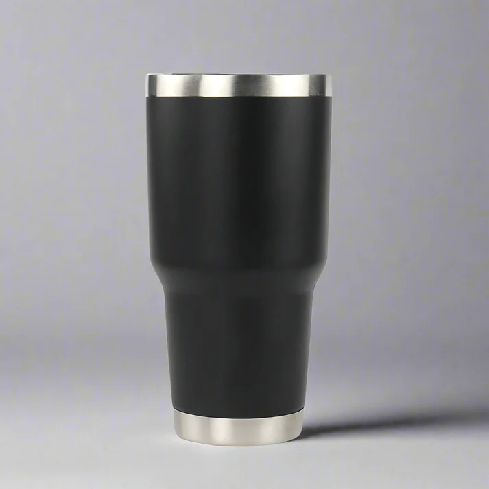 30 oz Black Travel Coffee Tumbler Mug with Silver rim on top and bottom