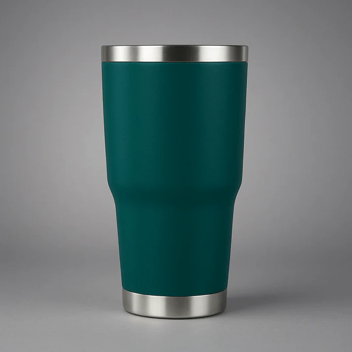 30 oz Midnight Green Travel Coffee Tumbler Mug with Silver rim on top and bottom