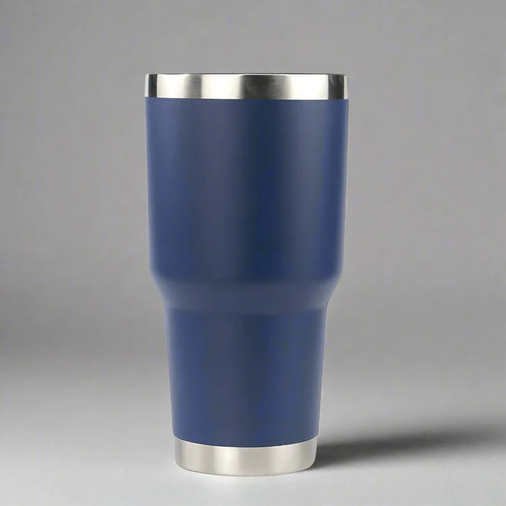 30 oz Navy Blue Travel Coffee Tumbler Mug with Silver rim on top and bottom