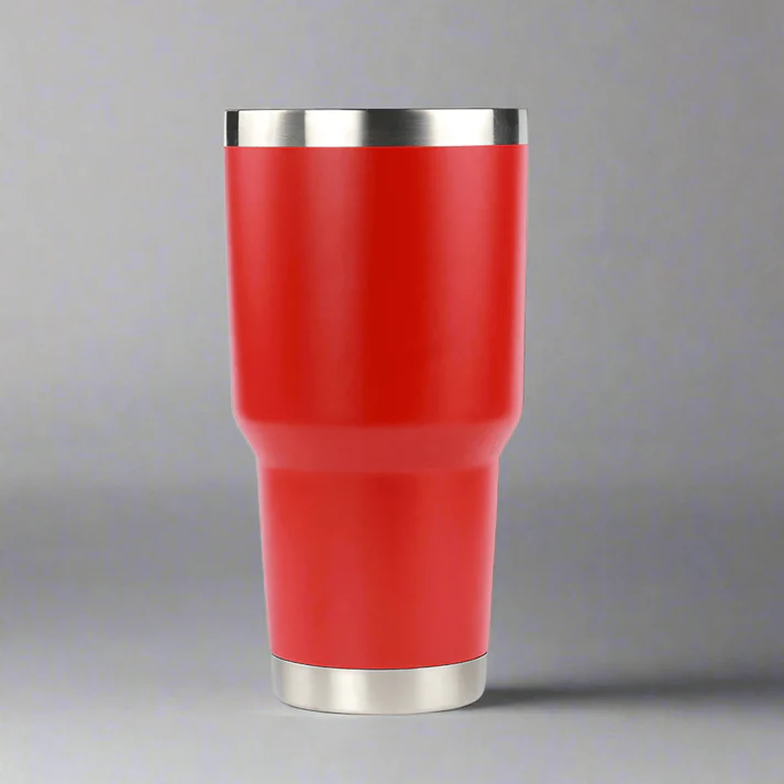 30 oz Red Travel Coffee Tumbler Mug with Silver rim on top and bottom